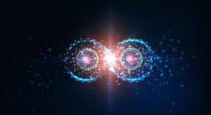 Two atoms (qubit) entangled or joined through entanglement. 