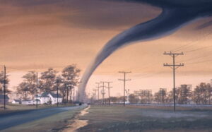 Tornado Sweeping up houses. Weather prediction will be faster and more accurate with Quantum Computing
