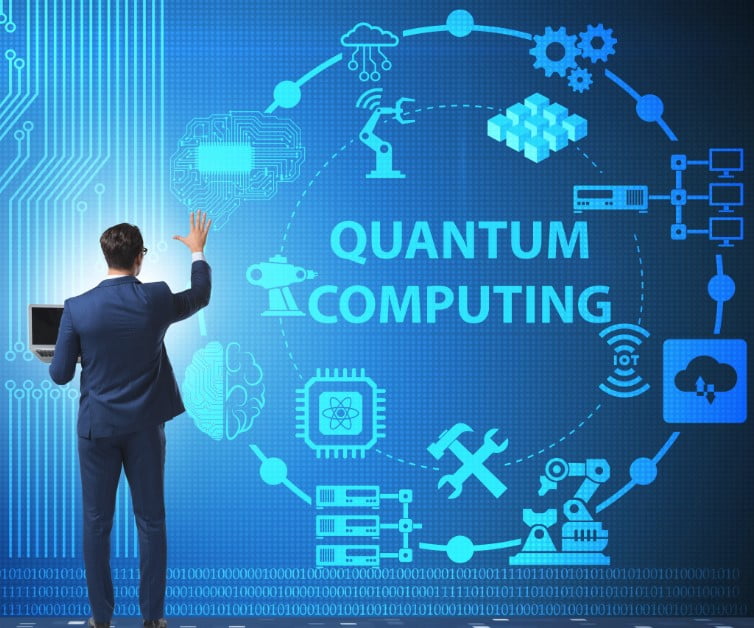 Man looking at blue picture related to quantum computing use case and applications