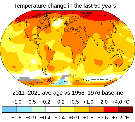 The global map shows sea temperature rises of 0.5 to 1 degree Celsius; land temperature rises of 1 to 2 degree Celsius; and Arctic temperature rises of up to 4 degrees Celsius.
