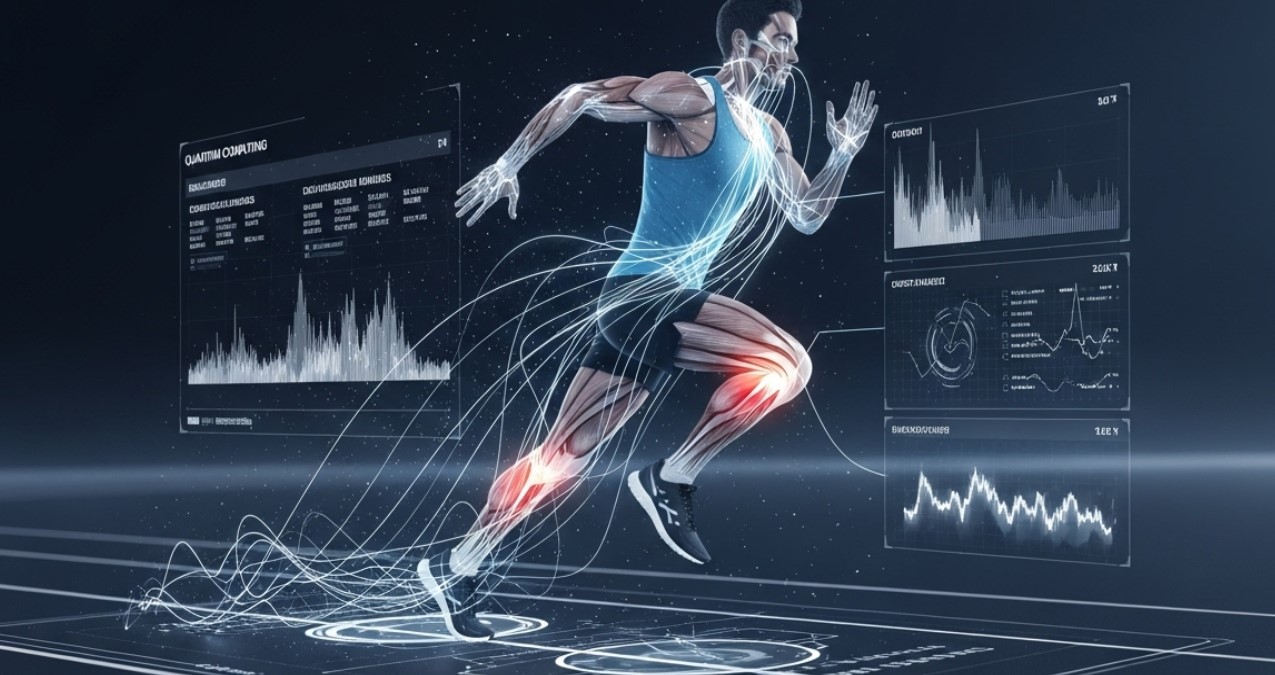 Quantum Computing and Sports Performance with Man running and Quantum Computer in the background